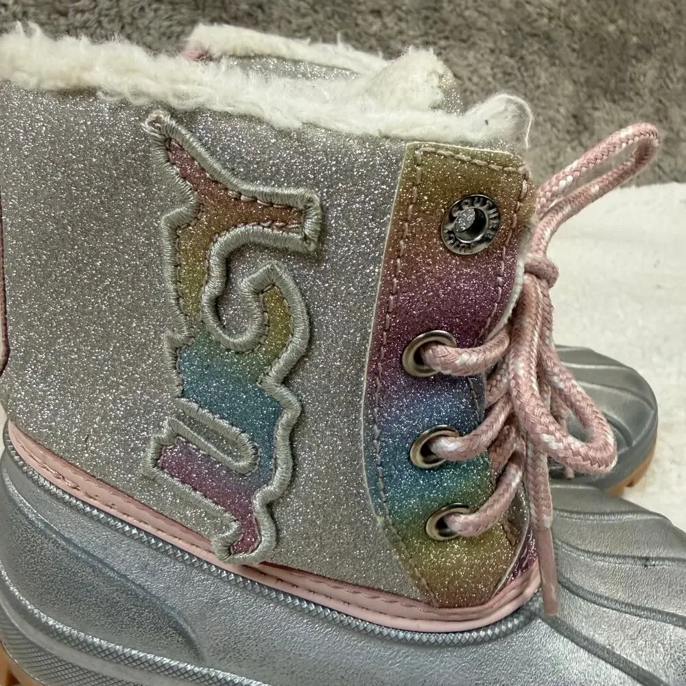 Juicy Couture Silver Glitter Rainbow Snow Winter Boots Girls Toddler 10 Faux Fur